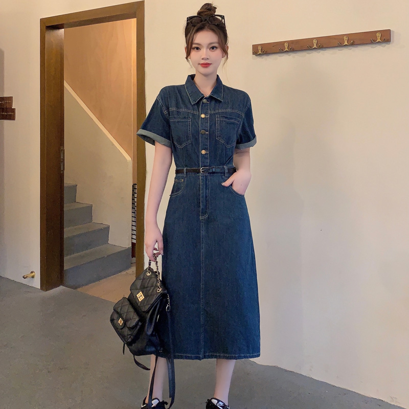Plus-Size Vintage Denim Dress for Women, Summer A-Line Skirt, Flattering Fit, Chic Hong Kong Style, Perfect for Curvy Figures