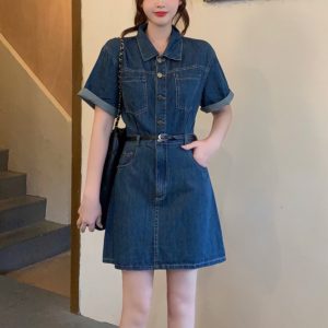 Plus-Size Vintage Denim Dress for Women, Summer A-Line Skirt, Flattering Fit, Chic Hong Kong Style, Perfect for Curvy Figures