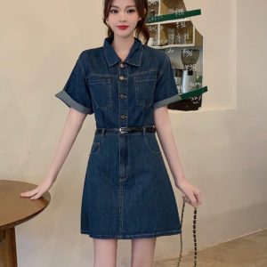 Plus-Size Vintage Denim Dress for Women, Summer A-Line Skirt, Flattering Fit, Chic Hong Kong Style, Perfect for Curvy Figures