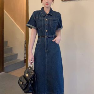Plus-Size Vintage Denim Dress for Women, Summer A-Line Skirt, Flattering Fit, Chic Hong Kong Style, Perfect for Curvy Figures