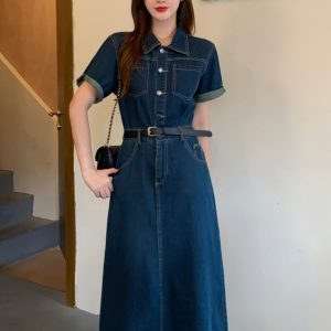 Plus-Size Vintage Denim Dress for Women, Summer A-Line Skirt, Flattering Fit, Chic Hong Kong Style, Perfect for Curvy Figures
