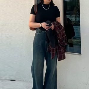 Plus Size Vintage French Style Slimming Black Half-High Neck Short Sleeve Top - Trendy Summer T-Shirt for Women