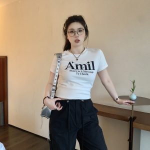 Plus Size Vintage Round Neck Slim Fit Short Crop T-Shirt with Sweetheart Letter Print - Slightly Chubby Aesthetic