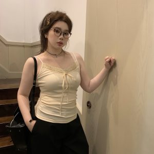 Plus Size White Lace Edge Layered Camisole Tank Top - Slightly Chubby Inner Layer, Perfect for Y2K and Korean Style Outfits