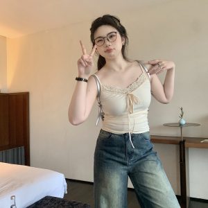 Plus Size White Lace Edge Layered Camisole Tank Top - Slightly Chubby Inner Layer, Perfect for Y2K and Korean Style Outfits