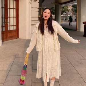 Plus Size White Lace Pocket Camisole Dress for Women - Spring Summer 2025 Long Dress for Curvy Figures, Y2K Style