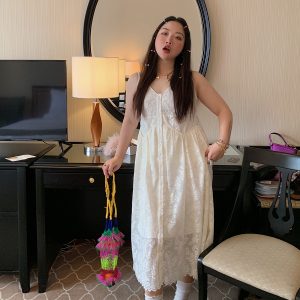 Plus Size White Lace Pocket Camisole Dress for Women - Spring Summer 2025 Long Dress for Curvy Figures, Y2K Style