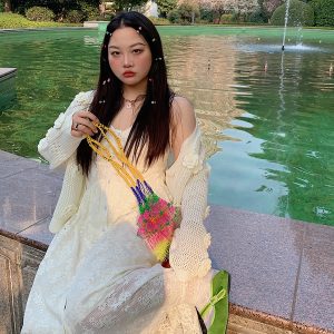 Plus Size White Lace Pocket Camisole Dress for Women - Spring Summer 2025 Long Dress for Curvy Figures, Y2K Style