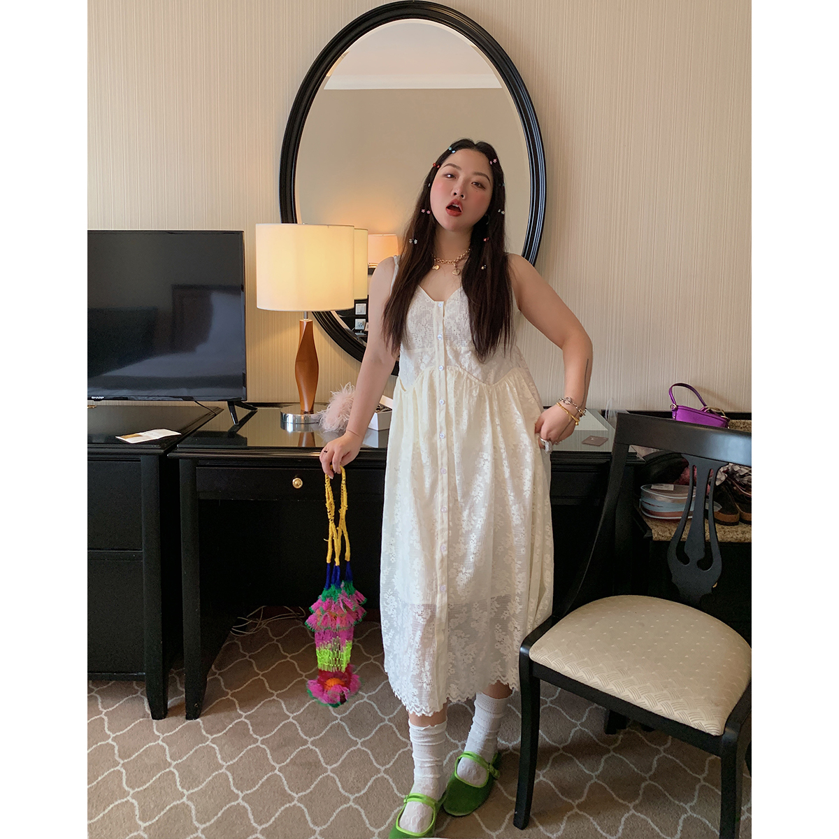 Plus Size White Lace Pocket Camisole Dress for Women - Spring Summer 2025 Long Dress for Curvy Figures, Y2K Style