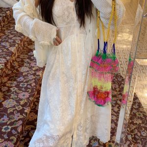 Plus Size White Lace Pocket Camisole Dress for Women - Spring Summer 2025 Long Dress for Curvy Figures, Y2K Style