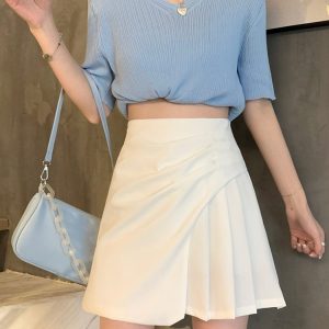 Plus Size White Pleated Mini Skirt for Women, Summer Irregular High Waist A-Line Bodycon in Slimming Wrinkled Style