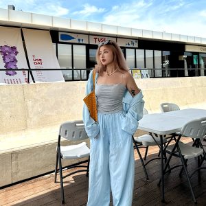 Plus Size Wide-Leg Long Pants in Lazy Blue - Minimalist French Style Casual Trousers for Commuting and Everyday Wear