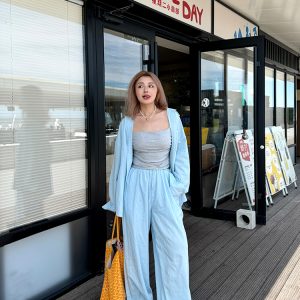 Plus Size Wide-Leg Long Pants in Lazy Blue - Minimalist French Style Casual Trousers for Commuting and Everyday Wear