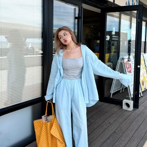 Plus Size Wide-Leg Long Pants in Lazy Blue - Minimalist French Style Casual Trousers for Commuting and Everyday Wear