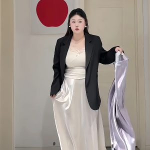 Plus-Size Women's Acetate Satin High-Waisted Midi Skirt - Versatile Solid Color for Spring 2025, Perfect for Curvy Styles