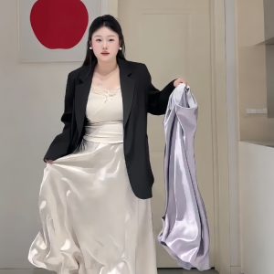 Plus-Size Women's Acetate Satin High-Waisted Midi Skirt - Versatile Solid Color for Spring 2025, Perfect for Curvy Styles