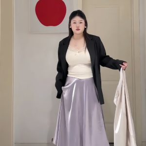 Plus-Size Women's Acetate Satin High-Waisted Midi Skirt - Versatile Solid Color for Spring 2025, Perfect for Curvy Styles