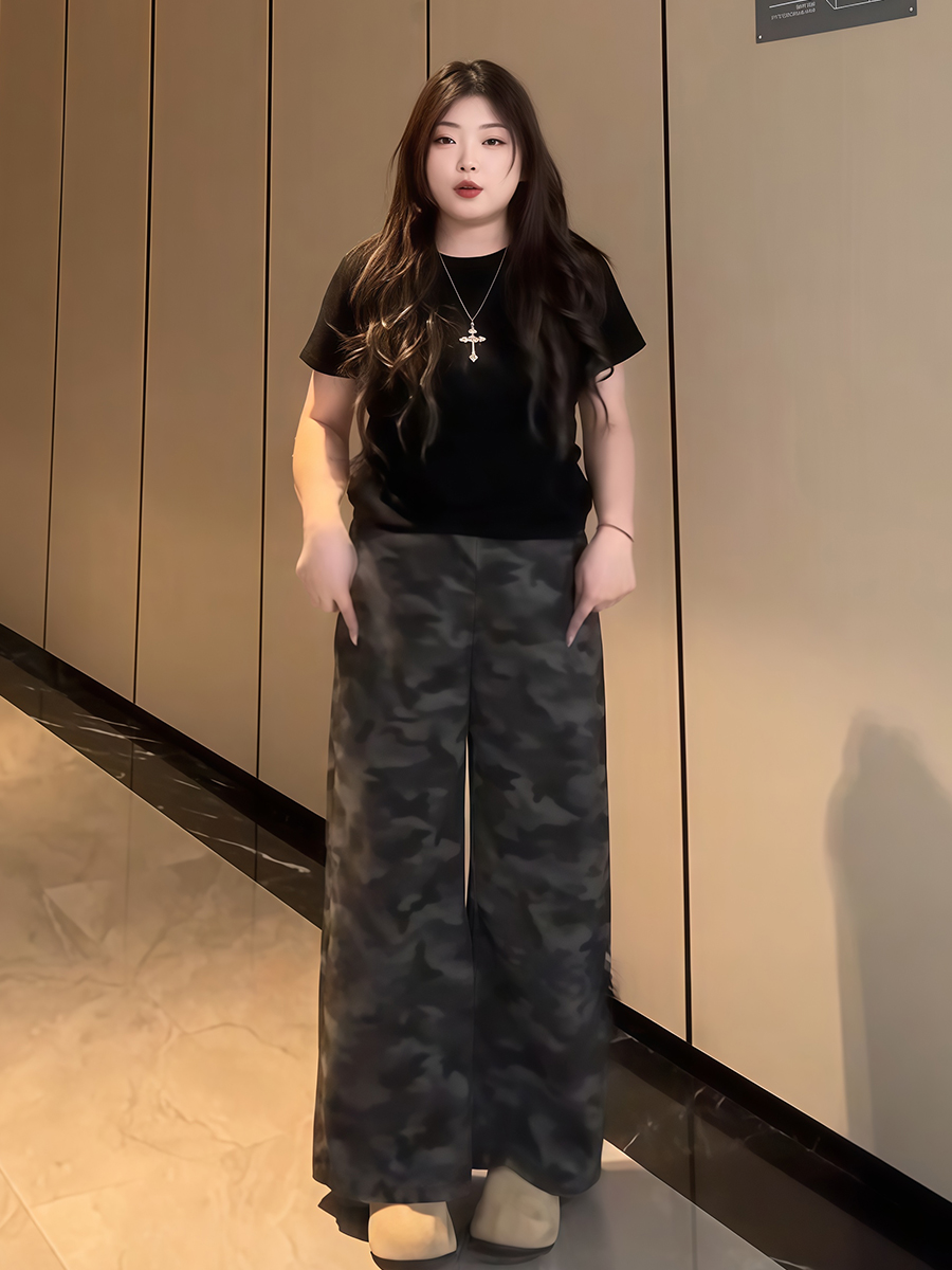 Plus-Size Women's American Retro Camouflage Flared Denim Pants – Summer Wide-Leg Workwear Trousers for a Flattering Fit Plus-Size Women's American Retro Camouflage Flared Denim Pants – Summer Wide-Leg Workwear Trousers for a Flattering Fit