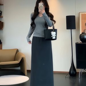 Plus-Size Women's Black High-Waisted Summer Skirt - Flattering Draped Long Design with Slit for Curvy Figures