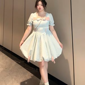 Plus-Size Women's Blue Plaid Short Sleeve Dress with Bow - Flattering Waist-Cinching Design for Summer 2025, Perfect for Curvy Figures