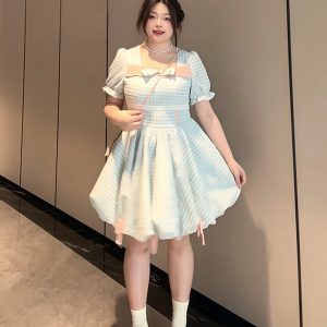 Plus-Size Women's Blue Plaid Short Sleeve Dress with Bow - Flattering Waist-Cinching Design for Summer 2025, Perfect for Curvy Figures