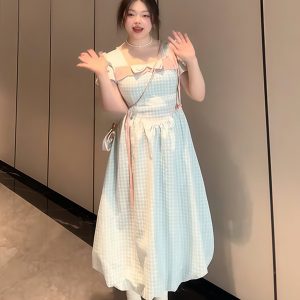 Plus-Size Women's Blue Plaid Short Sleeve Dress with Bow - Flattering Waist-Cinching Design for Summer 2025, Perfect for Curvy Figures