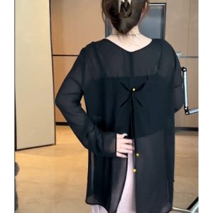 Plus-Size Women's Butterfly Hollow Back Top and Satin Fishtail Skirt Set - Sun-Protective Summer Fashion