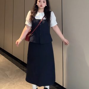 Plus-Size Women's College Style Fake Two-Piece Shirt and Half Skirt Summer Fashion Set for a Flattering Look