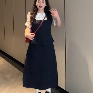 Plus-Size Women's College Style Fake Two-Piece Shirt and Half Skirt Summer Fashion Set for a Flattering Look