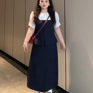 Plus-Size Women's College Style Fake Two-Piece Shirt and Half Skirt Summer Fashion Set for a Flattering Look
