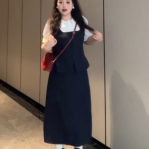 Plus-Size Women's College Style Fake Two-Piece Shirt and Half Skirt Summer Fashion Set for a Flattering Look