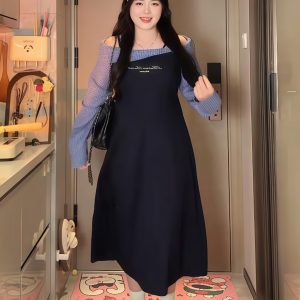 Plus-Size Women's College Style Off-Shoulder Two-Piece Dress, Spring Slimming Design for Curvy Figures, Trendy Niche Fashion