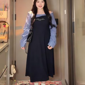 Plus-Size Women's College Style Off-Shoulder Two-Piece Dress, Spring Slimming Design for Curvy Figures, Trendy Niche Fashion