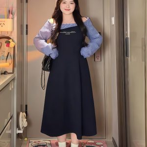 Plus-Size Women's College Style Off-Shoulder Two-Piece Dress, Spring Slimming Design for Curvy Figures, Trendy Niche Fashion