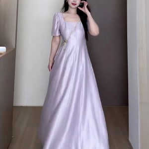 Plus-Size Women's Elegant French-Style Purple Long Dress for Summer - Unique Temperament Dress for a Flattering Fit