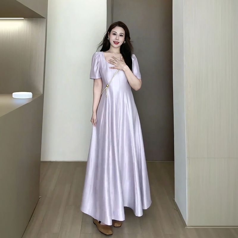 Plus-Size Women's Elegant French-Style Purple Long Dress for Summer - Unique Temperament Dress for a Flattering Fit