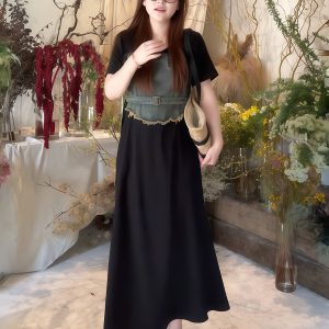 Plus-Size Women's Elegant Patchwork Denim Belt Dress - Flattering Long Summer Dress for Curvy Figures