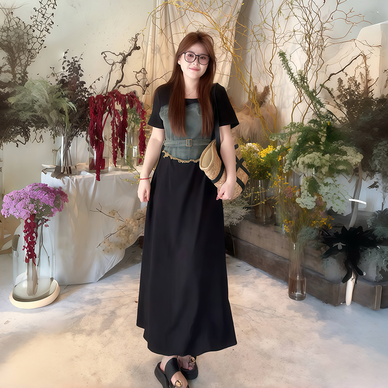 Plus-Size Women's Elegant Patchwork Denim Belt Dress - Flattering Long Summer Dress for Curvy Figures