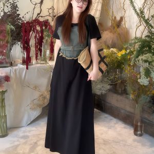 Plus-Size Women's Elegant Patchwork Denim Belt Dress - Flattering Long Summer Dress for Curvy Figures