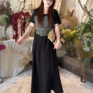 Plus-Size Women's Elegant Patchwork Denim Belt Dress - Flattering Long Summer Dress for Curvy Figures