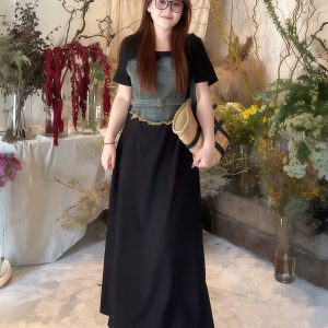 Plus-Size Women's Elegant Patchwork Denim Belt Dress - Flattering Long Summer Dress for Curvy Figures