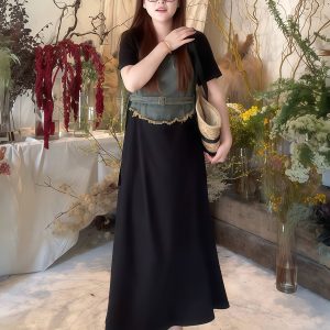 Plus-Size Women's Elegant Patchwork Denim Belt Dress - Flattering Long Summer Dress for Curvy Figures