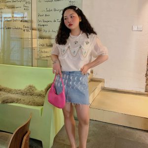 Plus-Size Women's Embroidered Tencel T-Shirt, Short Sleeve Summer Top, Unique Exquisite Design, Trendy Fashion for Curvy Styles