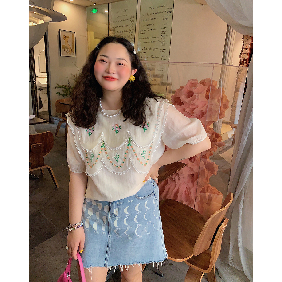 Plus-Size Women's Embroidered Tencel T-Shirt, Short Sleeve Summer Top, Unique Exquisite Design, Trendy Fashion for Curvy Styles