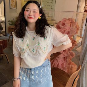 Plus-Size Women's Embroidered Tencel T-Shirt, Short Sleeve Summer Top, Unique Exquisite Design, Trendy Fashion for Curvy Styles