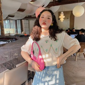 Plus-Size Women's Embroidered Tencel T-Shirt, Short Sleeve Summer Top, Unique Exquisite Design, Trendy Fashion for Curvy Styles