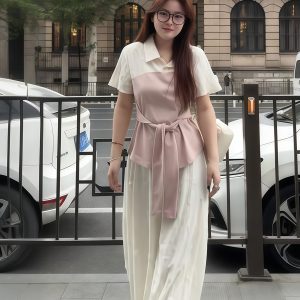 Plus-Size Women's Faux Two-Piece Spliced Top and Flower Bud Skirt Set - Elegant Slim-Fit Summer Fashion