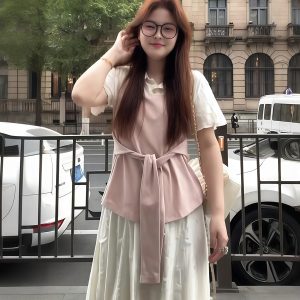 Plus-Size Women's Faux Two-Piece Spliced Top and Flower Bud Skirt Set - Elegant Slim-Fit Summer Fashion