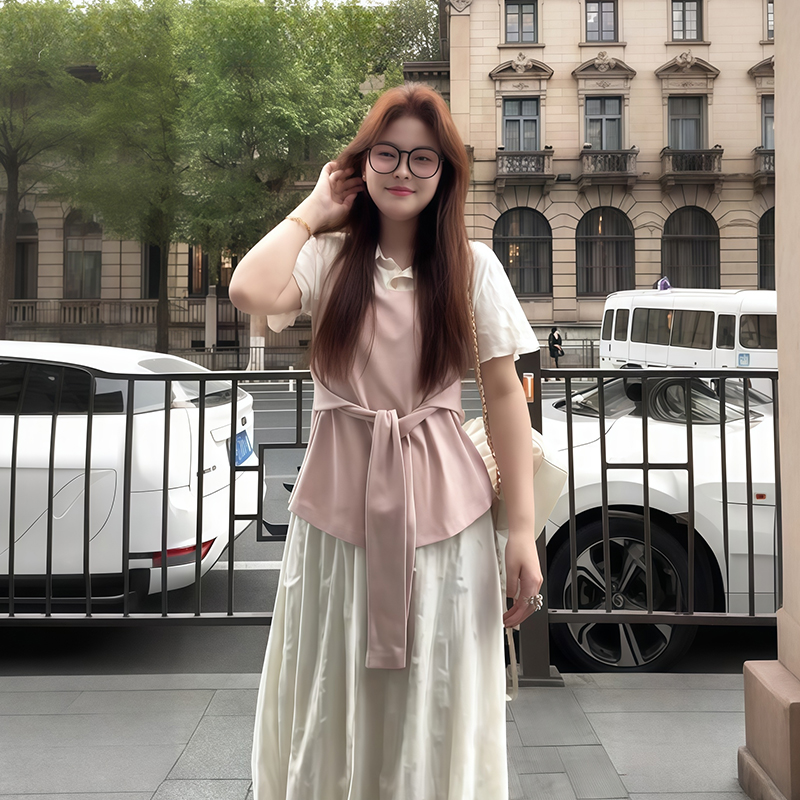 Plus-Size Women's Faux Two-Piece Spliced Top and Flower Bud Skirt Set - Elegant Slim-Fit Summer Fashion