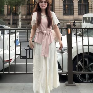 Plus-Size Women's Faux Two-Piece Spliced Top and Flower Bud Skirt Set - Elegant Slim-Fit Summer Fashion